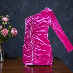 DO+BE Hot Pink Velvet One-Shoulder Ruched Mini Dress M